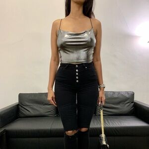 Metallic shiny silver spaghetti strap crop top‎